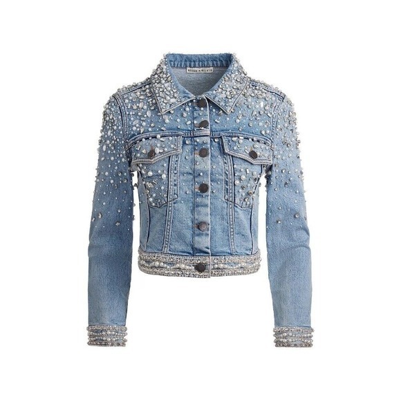 Alice + Olivia NWT Embellished Nelson‎ Denim Jacket in Size Small MSRP $895 - Picture 1 of 16